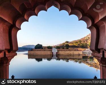 Amber Fort lake through the gates, India, Jaipur.