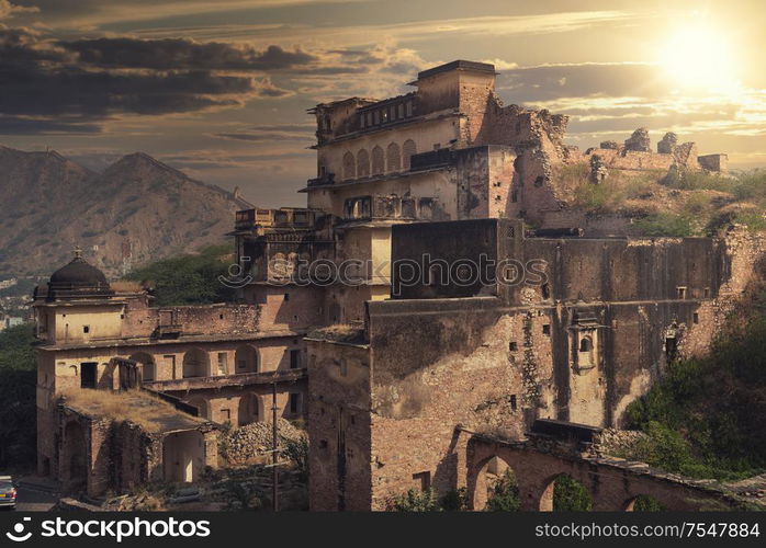 Amber Fort or Amer - fortified residence of Raja . Black goat.