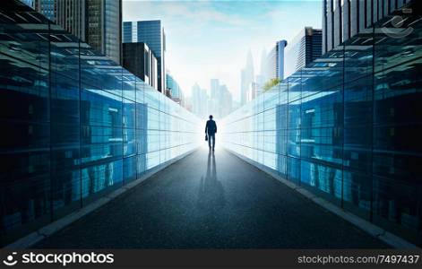 Ambitions concept with businessman walking from alley to modern city . Night scene .
