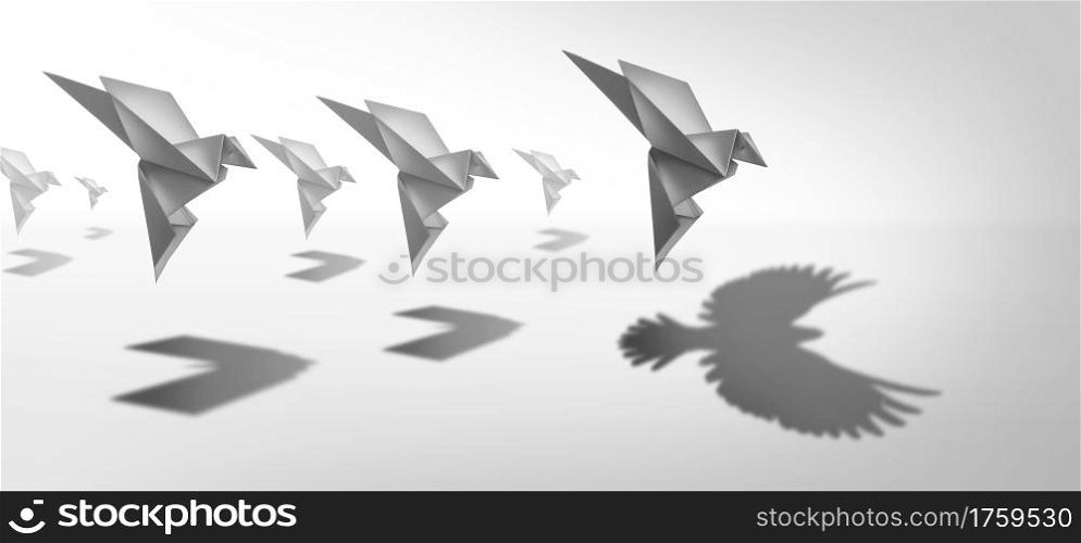 Ambitious leadership and leader vision or leading ambition as a business symbol for innovative imagination and success metaphor as an origami paper bird casting a shadow of powerful real wings in a 3D illustration style.