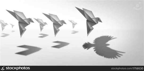 Ambitious leadership and leader vision or leading ambition as a business symbol for innovative imagination and success metaphor as an origami paper bird casting a shadow of powerful real wings in a 3D illustration style.