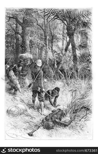 Ambouelan Hunter and His Wife and Children, in Angola, Southern Africa, drawing by Maillart based on the English edition, vintage illustration. Le Tour du Monde, Travel Journal, 1881