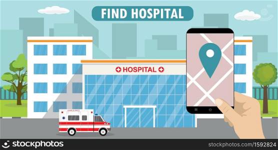 Ambulance car,hospital or modern clinic building,hand holding smartphone with application,find hospital concept,flat vector illustration. hand holding smartphone with application,find hospital concept