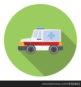 Ambulance car icon in flat style in green circle with shadow. Side view. Ambulance car icon, flat style
