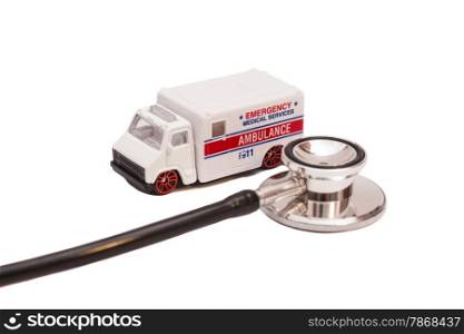 Ambulance toy car and Stethoscope on white background