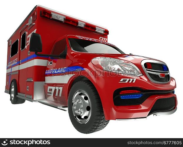 Ambulance: wide angle view of emergency services vehicle on white. Custom made and rendered
