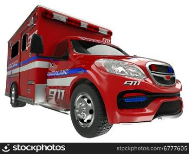 Ambulance: wide angle view of emergency services vehicle on white. Custom made and rendered
