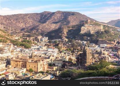 Amer district of Jaipur in the hills, aerial view, India.. Amer district of Jaipur in the hills, aerial view, India