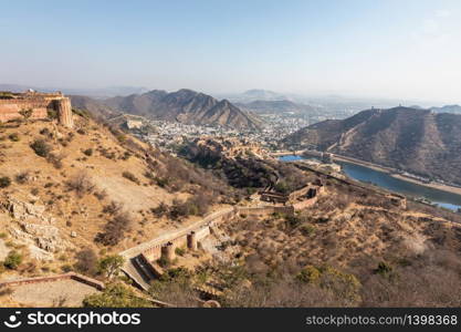 Amer landscape in India in Jaipur, panorama.. Beautiful Amer landscape in India, Jaipur, panorama
