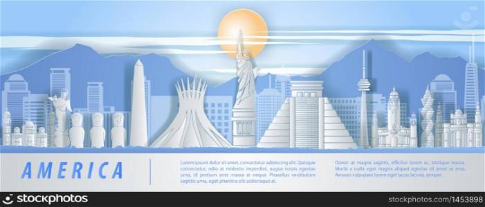 america famous landmark paper art style with blue and white color,vector illustration