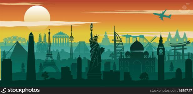 america famous landmark silhouette style with row design on sunset time,vector illustration