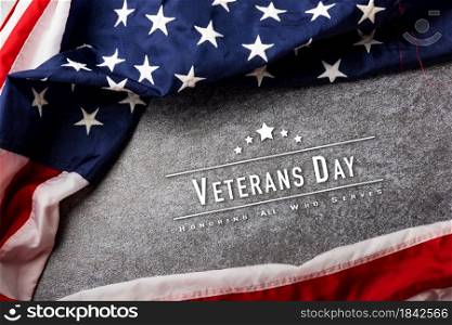 America United States flag, memorial remembrance and thank you of hero, studio shot with copy space concrete board background, USA holiday Veterans or Independence day concept