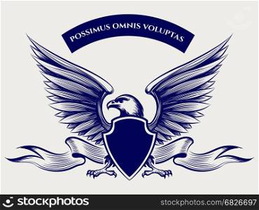 American bald eagle mascot. Hand drawn american bald eagle mascot with wings shield and ribbon. Vector illustration
