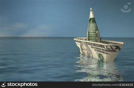 American bank note in the shape of a boat floating on water