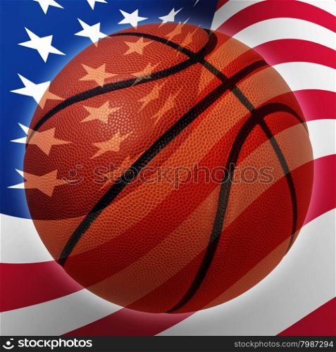 American basketball symbol with a United States flag in the background as a sports icon and fitness symbol of team pride.