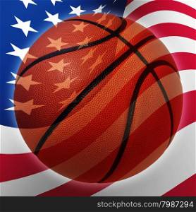 American basketball symbol with a United States flag in the background as a sports icon and fitness symbol of team pride.