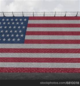 American border wall concept as a security barricade with a flag of the United States as a customs and country boundary barrier with barbed wire as a symbol for illegal immigration control as a 3D illustration.
