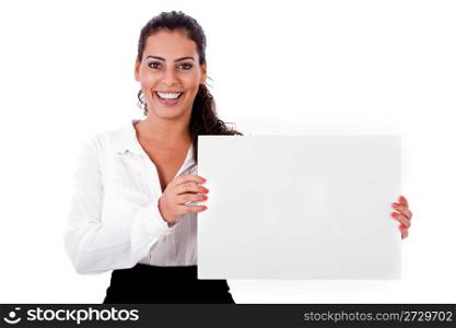 American business woman holding a white blank board on white isolated background