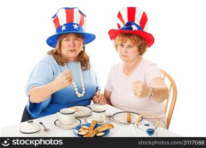 American conservative tea party voters, fighting mad. Isolated on white.