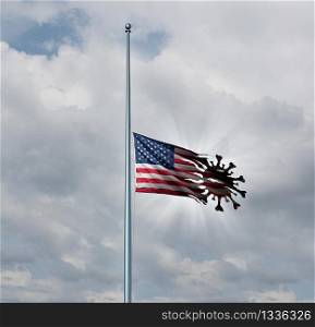 American coronavirus tragedy as a Half mast United States flag concept torn into the shape of a virus cell on a flagpole as an icon of honor respect and mourning for fallen heros with 3D illustration elements.