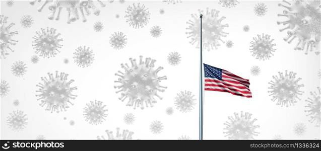 American coronavirus tragedy background as a Half mast United States flag concept torn into the shape of a virus cell on a flagpole as an icon of honor respect and fallen heros with 3D illustration elements.