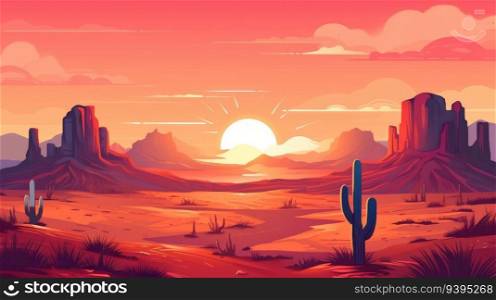 American desert landscape. Wild Western Texas desert sunset with mountains and cactus. Generative AI. Wild Western Texas desert sunset with mountains and cactus. Generative AI