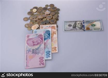 American dollar and Turksh Lira banknotes and coins side by side