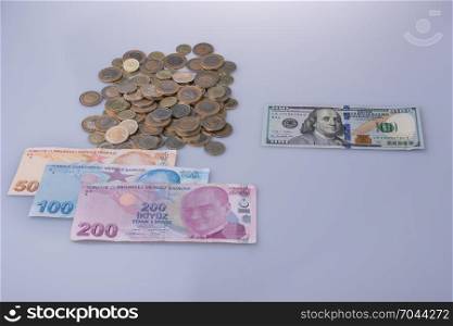 American dollar and Turksh Lira banknotes and coins side by side