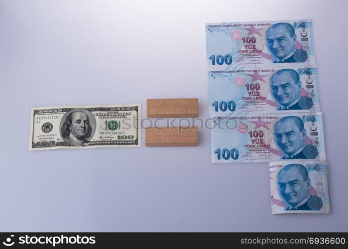 American dollar banknotes and Turksh Lira banknotes side by side on white background