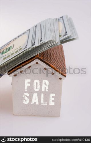 American dollar banknotes on a model house on white background
