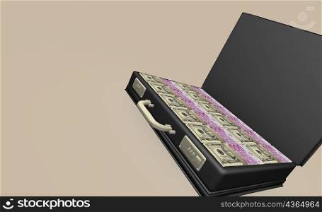 American dollar bills and Euro bank notes in a briefcase