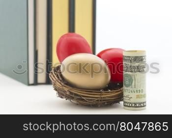 American dollar next to red and gold nest eggs reflect high costs of education. Careful policy and strategy needed to create adequate funds.