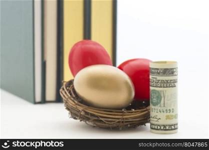 American dollar next to red and gold nest eggs reflect high costs of education. Careful policy and strategy needed to create adequate funds.