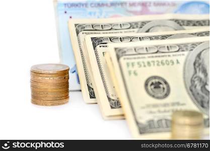 american dollars and coins on the isolated background