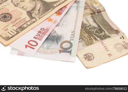 American dollars, European euro,Chinese yuan and Russian Ruble bills
