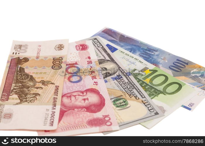 American dollars, European euro,Swiss franc,Chinese yuan and Russian Ruble bills