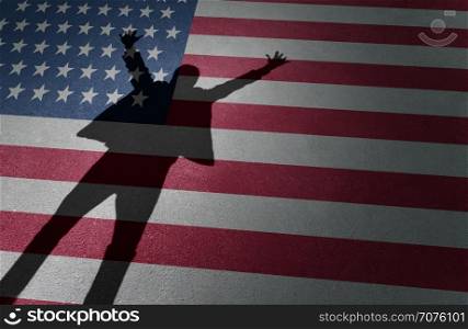 American dream success and business entrepreneur excitement or immigration celebration as the shadow of a happy person on a USA flag in a 3D illustration style.