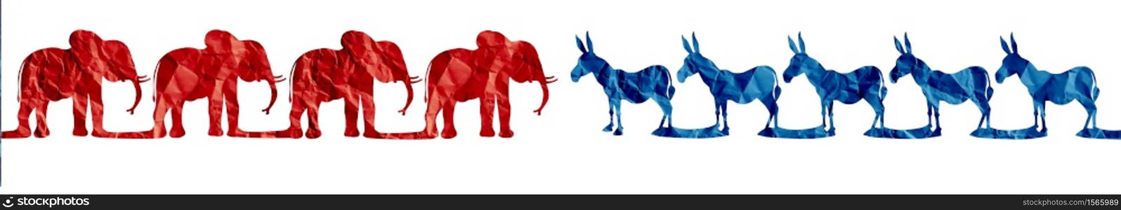 American election choice as Republican Versus Democrat represented by two sides with the elephant and donkey symbol fighting for the vote of the United states citizens for an election win.