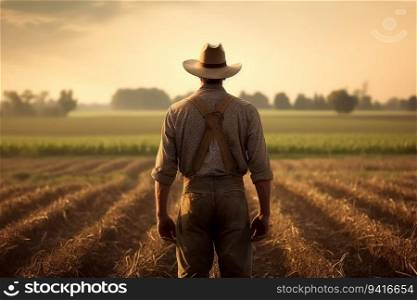 American farmer adult. Corn clean field. Generate Ai. American farmer adult. Generate Ai