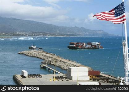American flag at a commercial dock