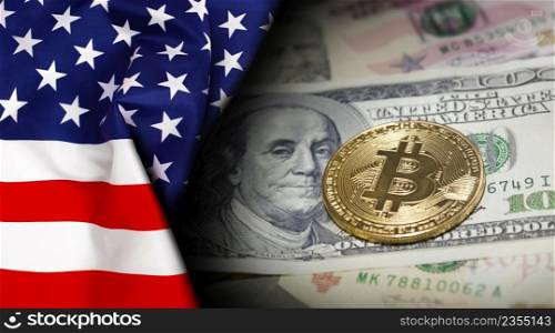 American flag on a Golden bitcoin coin on us dollars background for copy-paste text. Financial Design concept