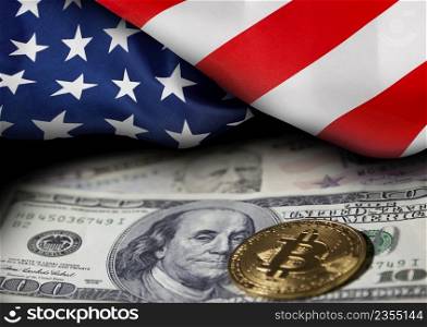 American flag on a Golden bitcoin coin on us dollars background for copy-paste text. Financial Design concept