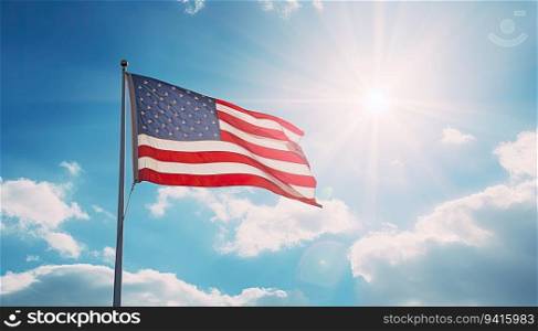 American flag waving in the wind against a blue sky with sun rays