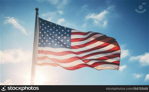 American flag waving in the wind against blue sky with sunflare