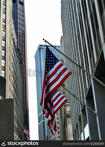 American flags, downtown New York City, USA.