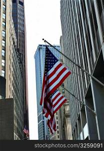 American flags, downtown New York City, USA.