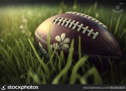 American football ball in the grass. Neural≠twork AI≥≠rated art. American football ball in the grass. Neural≠twork≥≠rated art