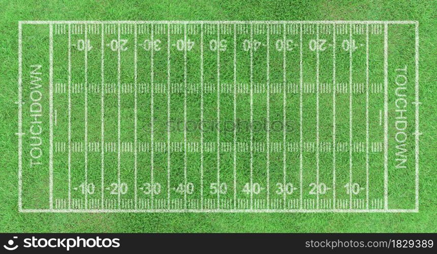 American football field, stripe grass with white pattern lines. Top view