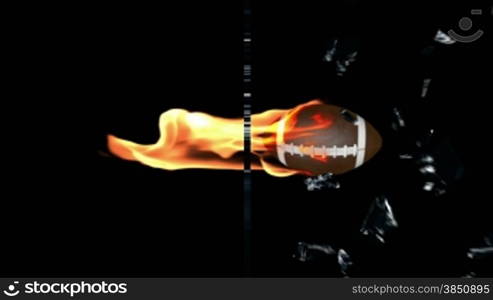 American football on fire breaking glass, side view