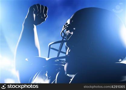 American football player celebrating score and victory. Night stadium lights